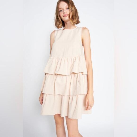 En Saison Viggo Sleeveless Tiered Mini Dress Womens Medium Beige Cotton Natural - Picture 3 of 16